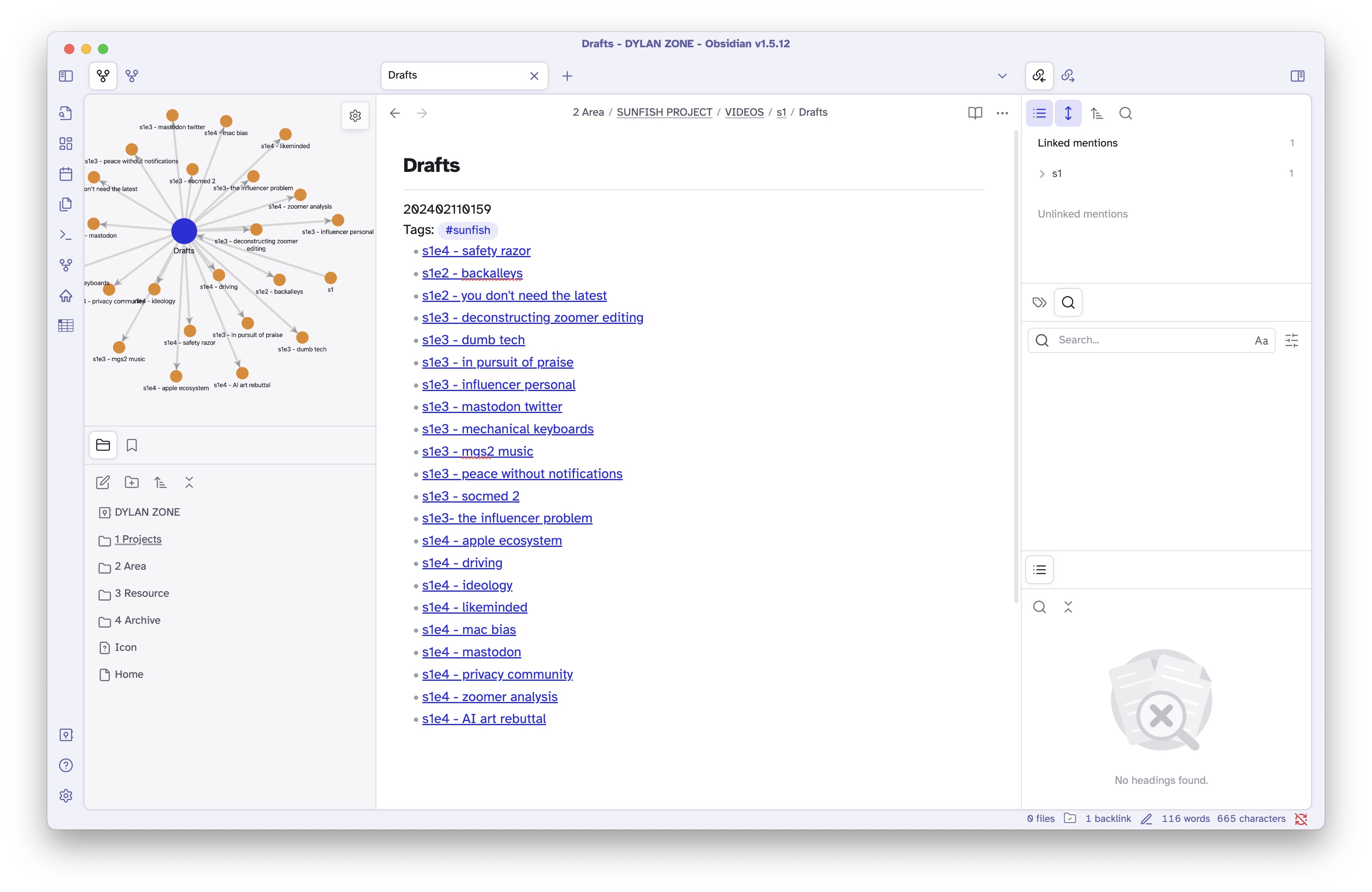 Screenshot of my Obsidian workspace showing a huge list of video script drafts.